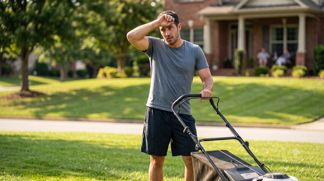 Outdoor chores like mowing grass create sweat